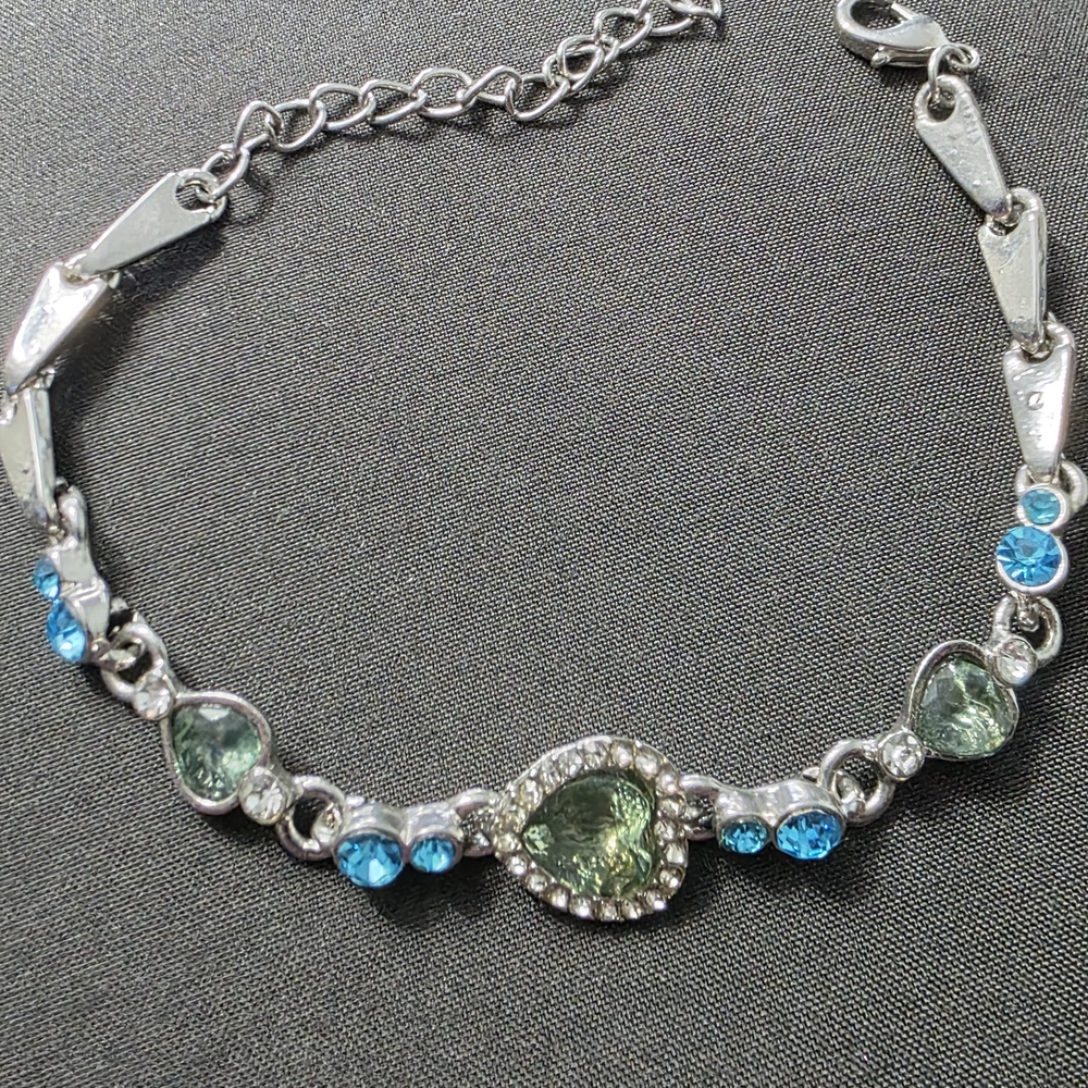 Estate - Silver Tone - Heart Bracelet - Green and Blue Stones - Item 389